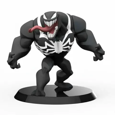Venom 3D model with large white eyes, open mouth, and spider emblem, on a display base.