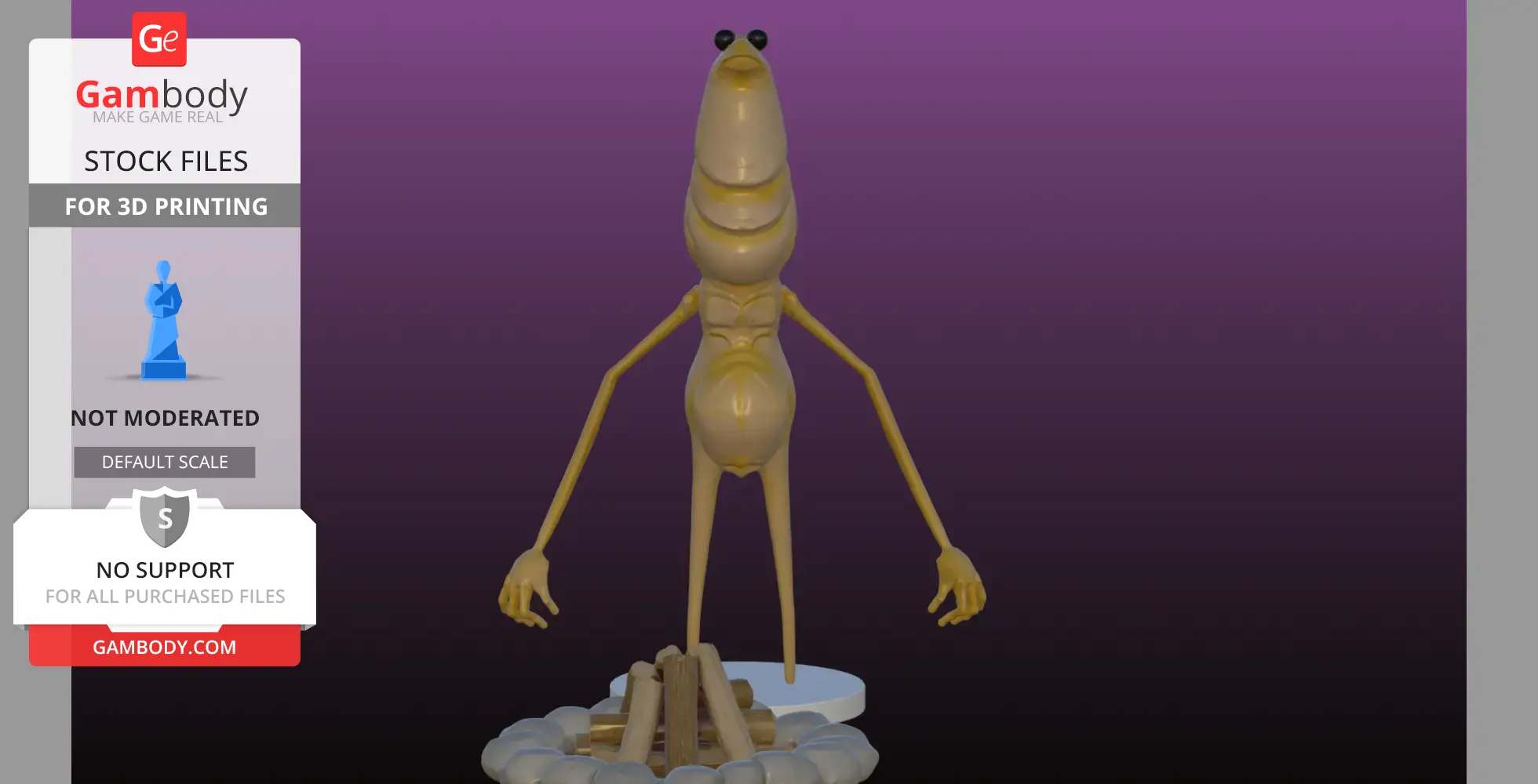 Tall worm-like figure with long arms standing among rocks and logs on a circular base.