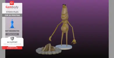 A worm-like 3D character with long arms stands near a campfire ringed with rocks.