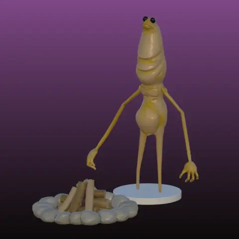 Quirky worm-like figure with long arms stands beside a stone circle and wooden sticks.