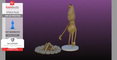 A tall, thin worm-like figure standing on a base near a rock-surrounded campfire setup.