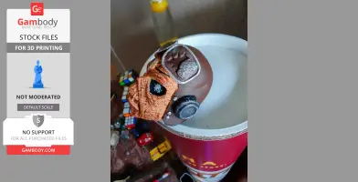 A detailed, painted 3D print of a skull with mechanical details, resting on a cylindrical surface.