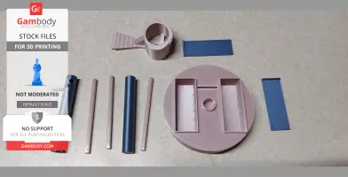 3D printed jewelry stand parts with slider compartments, rods, and a circular base.