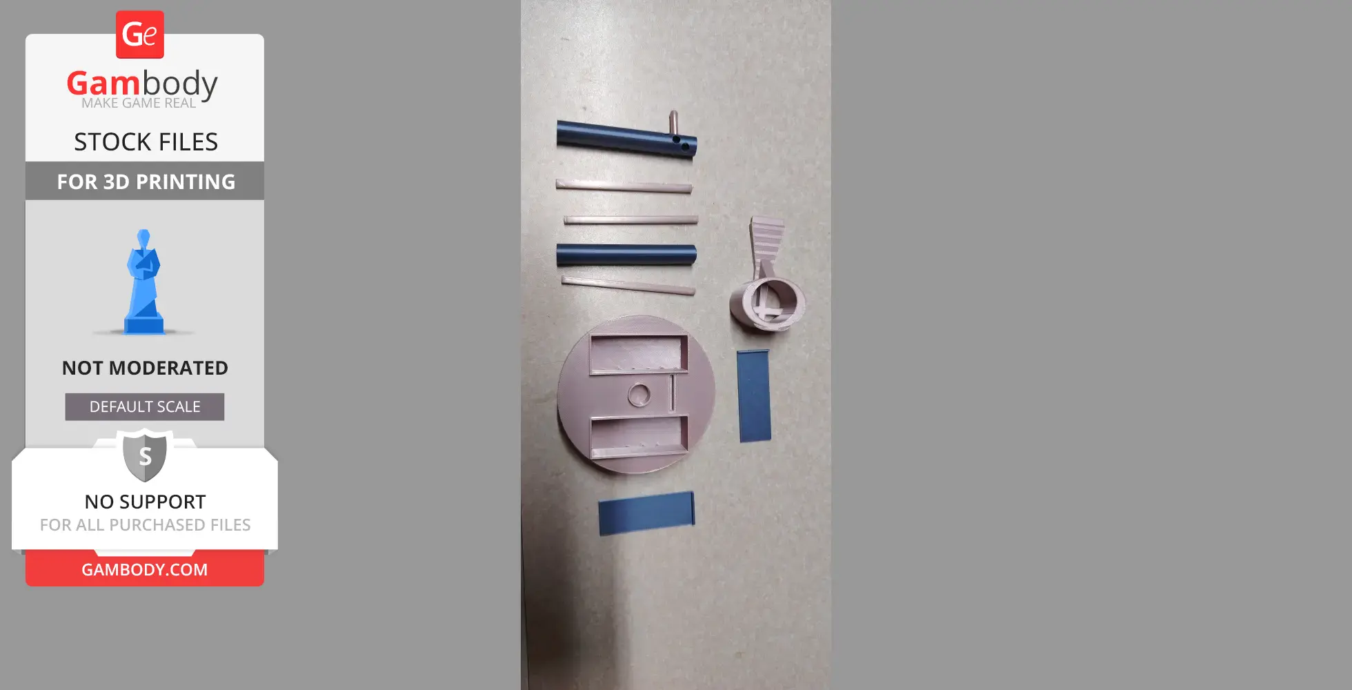 Disassembled 3D-printed jewelry stand components on a flat surface, including base and sliders.