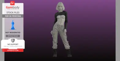 A 3D model of a woman in cargo pants and lifted shirt, for 3D printing.