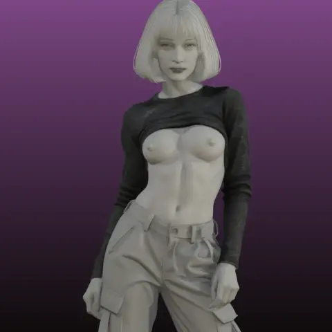 A 3D figure of a person wearing a partially lifted shirt and cargo pants with a purple gradient background.