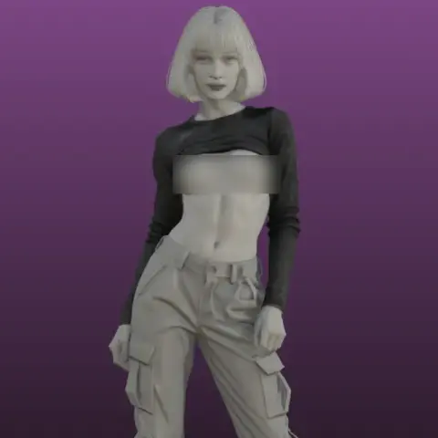 A 3D figure of a person wearing a partially lifted shirt and cargo pants with a purple gradient background.