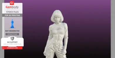 3D model of a figure with a short bob haircut and lifted shirt, standing in a casual pose.