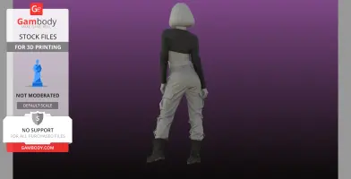 A 3D model of a figure in cargo pants and a lifted shirt, viewed from the back, with a purple gradient background.