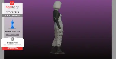 Side view of a 3D model figure in cargo pants and boots, with a bob hairstyle, for 3D printing.