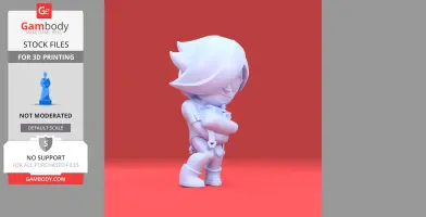 Chibi-style 3D model of Colette from Brawl Stars, standing with arms crossed on a red background.