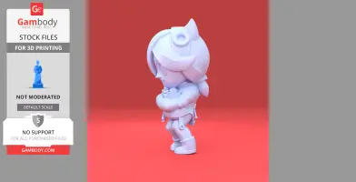 3D model of a chibi character with long hair, holding a book, in a playful stance on a red background.