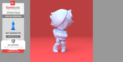 A stylized 3D model of a character with short hair, crossed arms, and a playful expression on a red background.