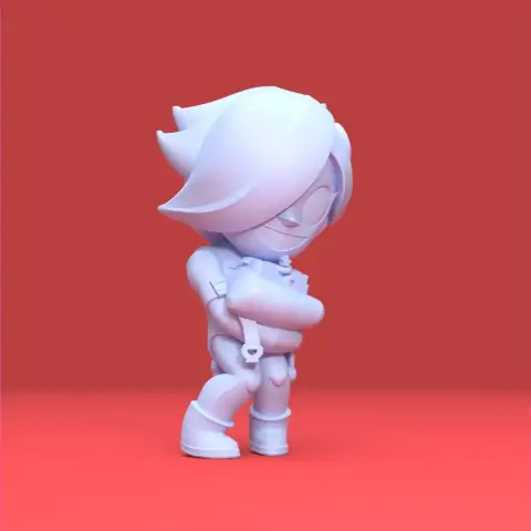 A 3D model of a stylized character with large hair and goggles, crossing arms, from Brawl Stars.
