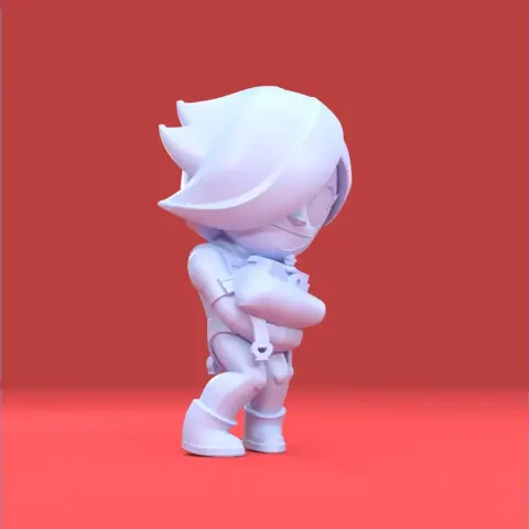 A 3D model of a stylized character with large hair and goggles, crossing arms, from Brawl Stars.