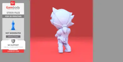 A 3D figure of a character with spiky hair, wearing boots and a layered outfit, viewed from the back.