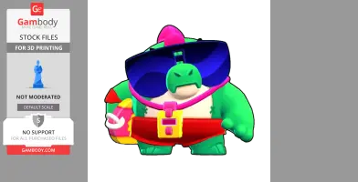 Green cartoon character with sunglasses and pink hat from Brawl Stars, ready for 3D printing.