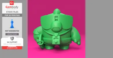 Green cartoonish character figurine from Brawl Stars on a vibrant pink background.