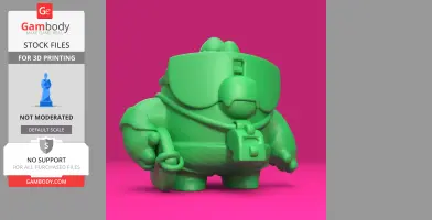 A green 3D model of a cartoonish, armored character with goggles on a pink background.