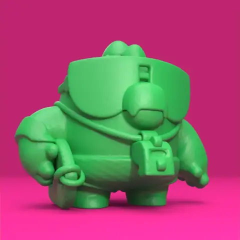 Green cartoonish character with sunglasses and a whistle, standing against a pink background.