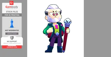 Character in colorful outfit holding a staff. Short white hair, glasses, and a confident stance.