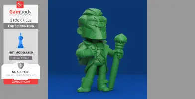 Green stylized figure holding a staff, wearing glasses and a vest, ready for 3D printing.