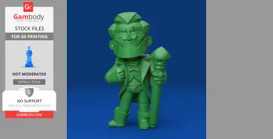 Green 3D model of a stylized character holding a staff, wearing glasses and a suit, on a blue background.