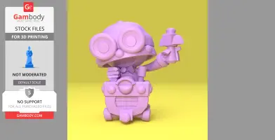 A 3D model of a cartoonish character with large goggles holding a tool, designed for 3D printing.