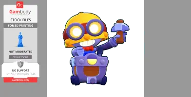 A cartoonish character with goggles, a yellow helmet, and a mechanical arm holding a pickaxe, standing in a cart.