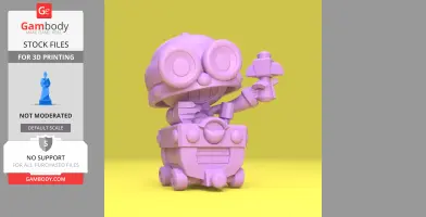 Cute robot character with large goggles holding a tool, ready for 3D printing.