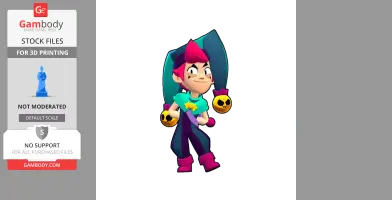 A colorful cartoon character with a jester hat, playful pose, and vibrant outfit featuring star and skull icons.