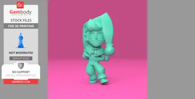 A 3D model of a cartoonish character with large hair and playful expression on a pink background.