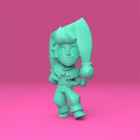 A stylized 3D character model with large hair and accessories, standing on a pink background.