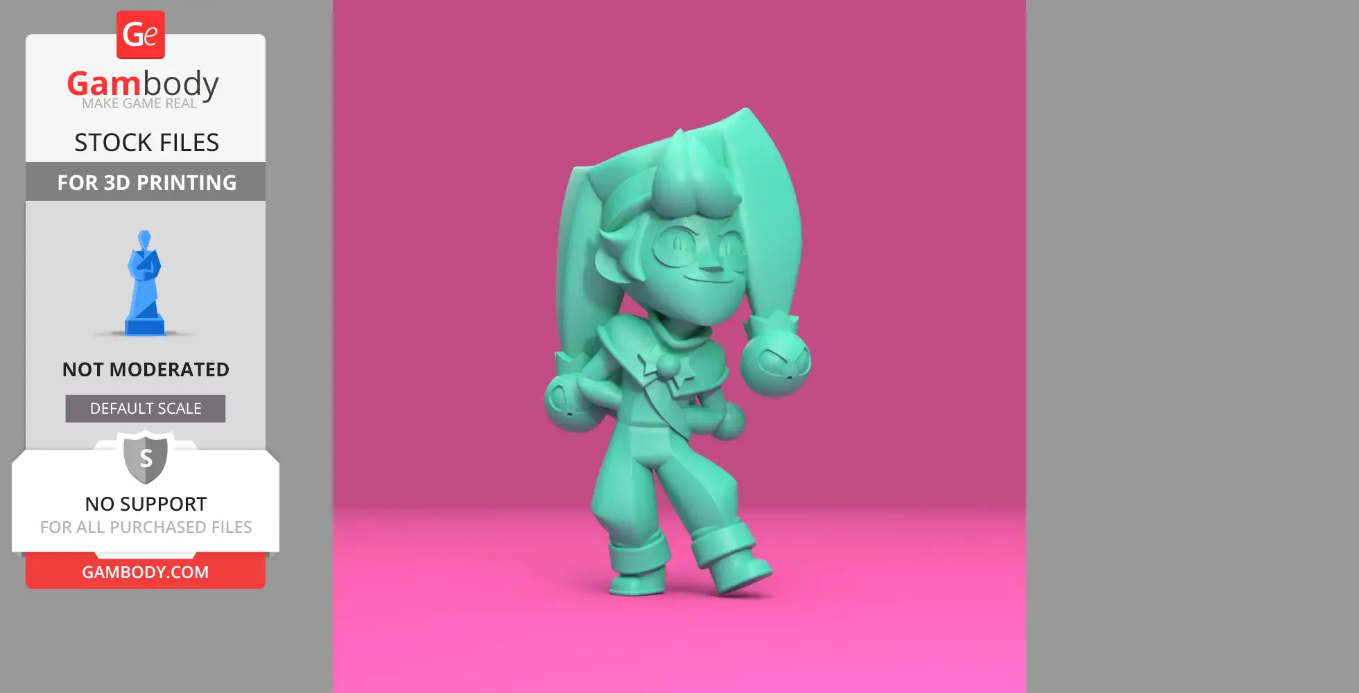 A teal 3D model of Chester from Brawl Stars with jester-like features and playful pose.