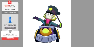 A cartoon character in a conductor's outfit rides a whimsical, colorful train-like vehicle.