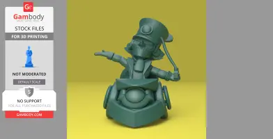 3D model of a whimsical character in a hat, striking a dynamic pose in an armored vehicle.
