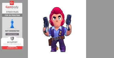Character with red hair, dual guns, blue vest, and purple pants from Brawl Stars, ready for 3D printing.
