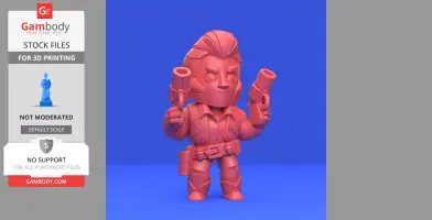 A stylized 3D model of a character with two guns, designed for 3D printing, posed confidently.