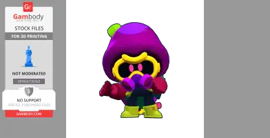 A cartoon character in a purple hood, yellow goggles, and green boots, with red gloves and gas mask.