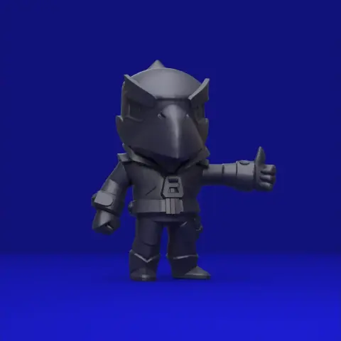 A chibi-style crow character in a jacket giving a thumbs-up.