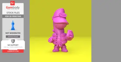 Purple 3D model of cartoon character with a cap and vest, posed with clenched fists.