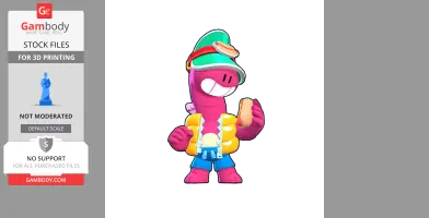 Cartoon character Doug from Brawl Stars holding a hot dog, wearing a hat and a life jacket.