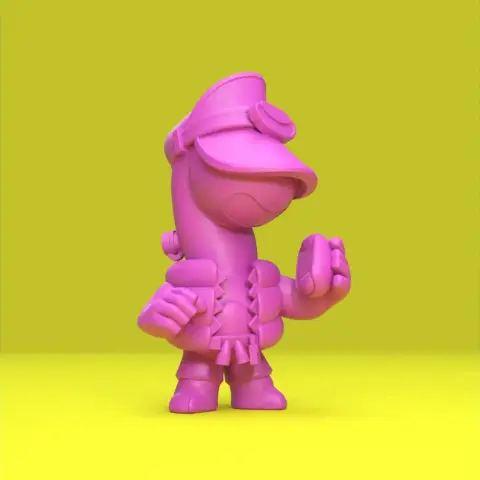 A pink, cartoonish character in a hat, posing confidently on a yellow background.