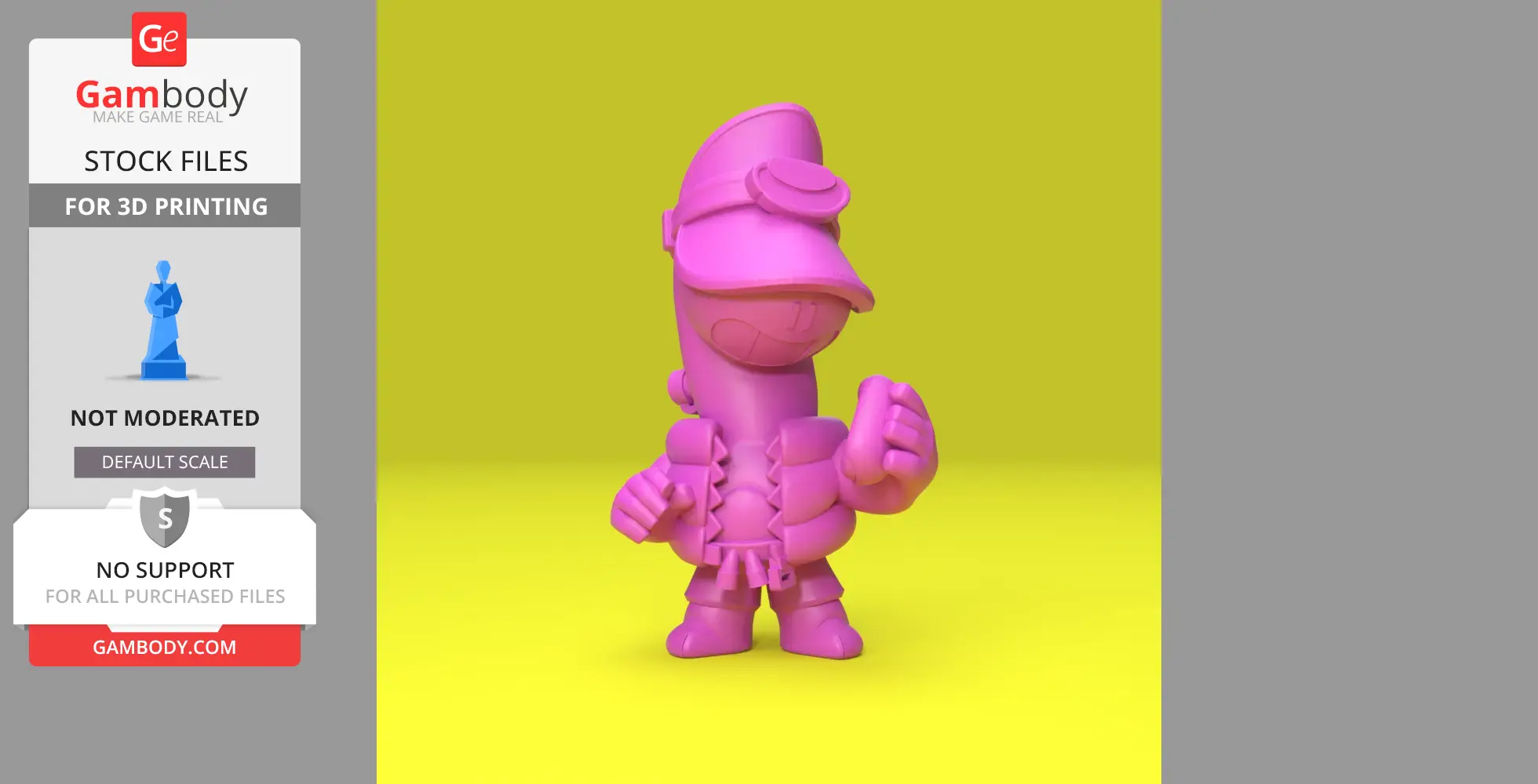 Purple 3D model of cartoon character with a cap and vest, posed with clenched fists.