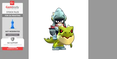 Character in armor riding a small green dragon with red eyes.