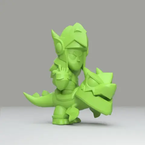 A stylized, green dragon-like character with knight armor, designed for 3D printing.
