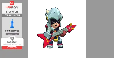 A character in dragon-themed armor playing a red, star-shaped guitar with enthusiasm.