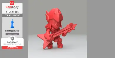 A chibi-style character with a helmet playing a star-shaped electric guitar.