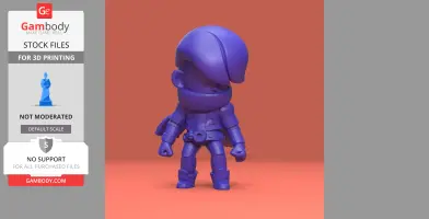 Stylized 3D character model, purple, wearing a cape and belt, for 3D printing.