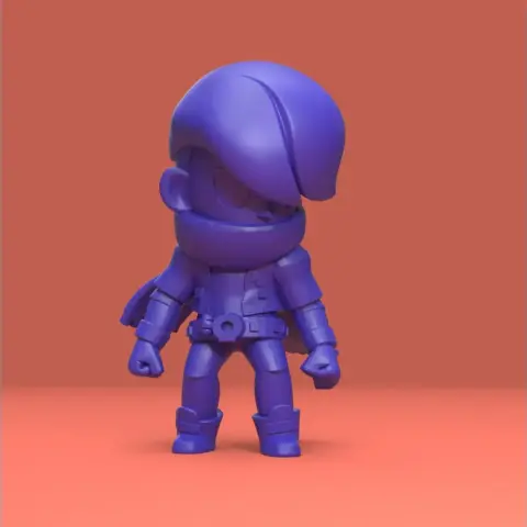 3D model of a cartoonish character with a swooped hairstyle and scarf, styled for 3D printing.